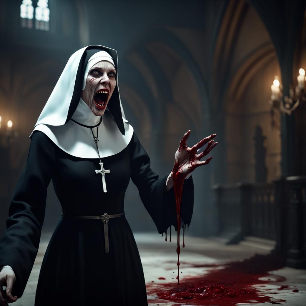 Terrifying Evil Nun in a Haunting Hospital, Detailed Matte P...