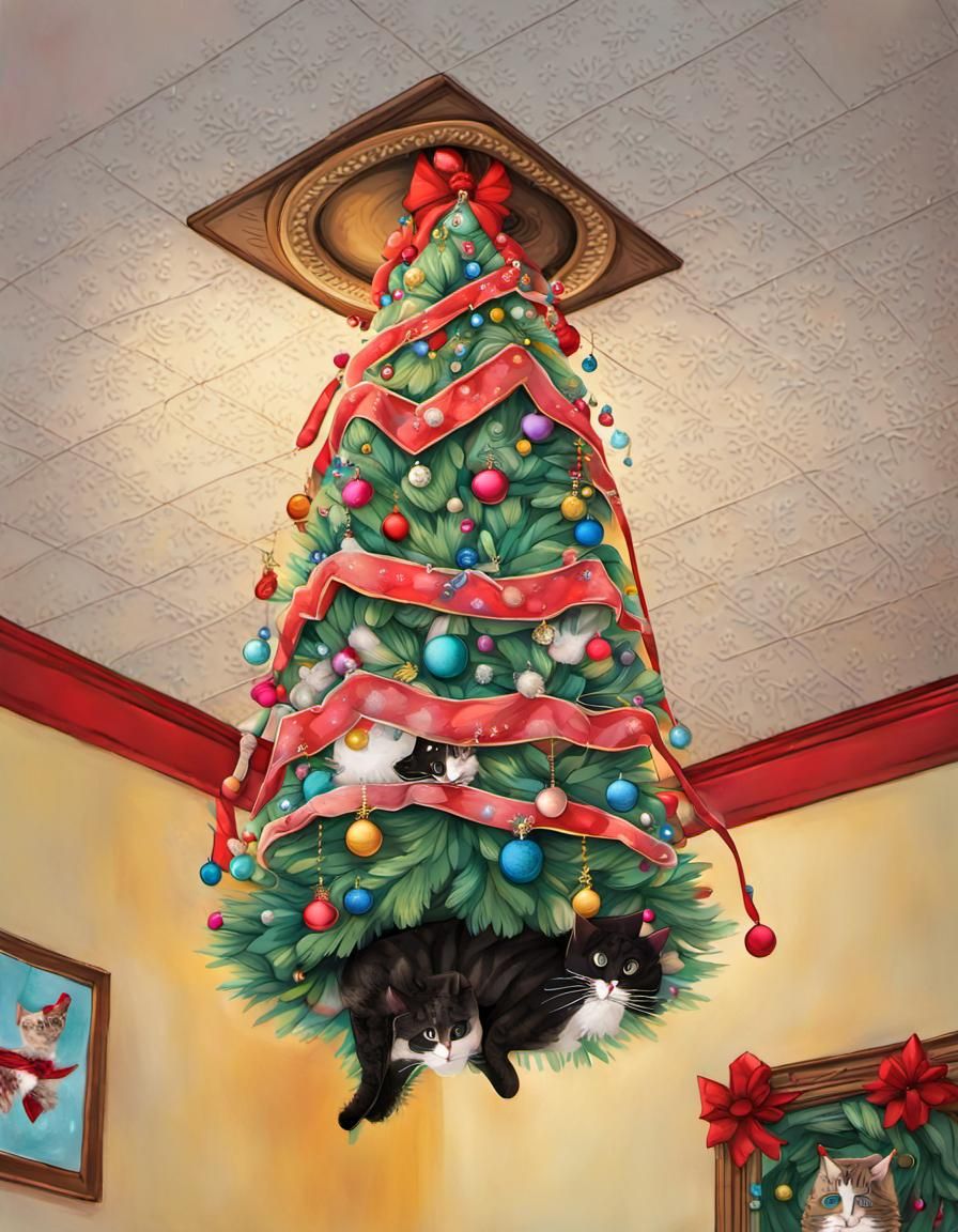 Upside-Down Christmas Tree with Cats, in Gouache Style