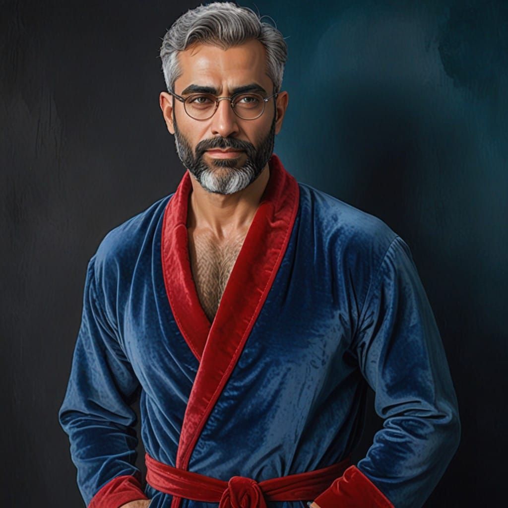 Elegant Silver-Bearded Gentleman in Navy Blue Velvet Bathrob...