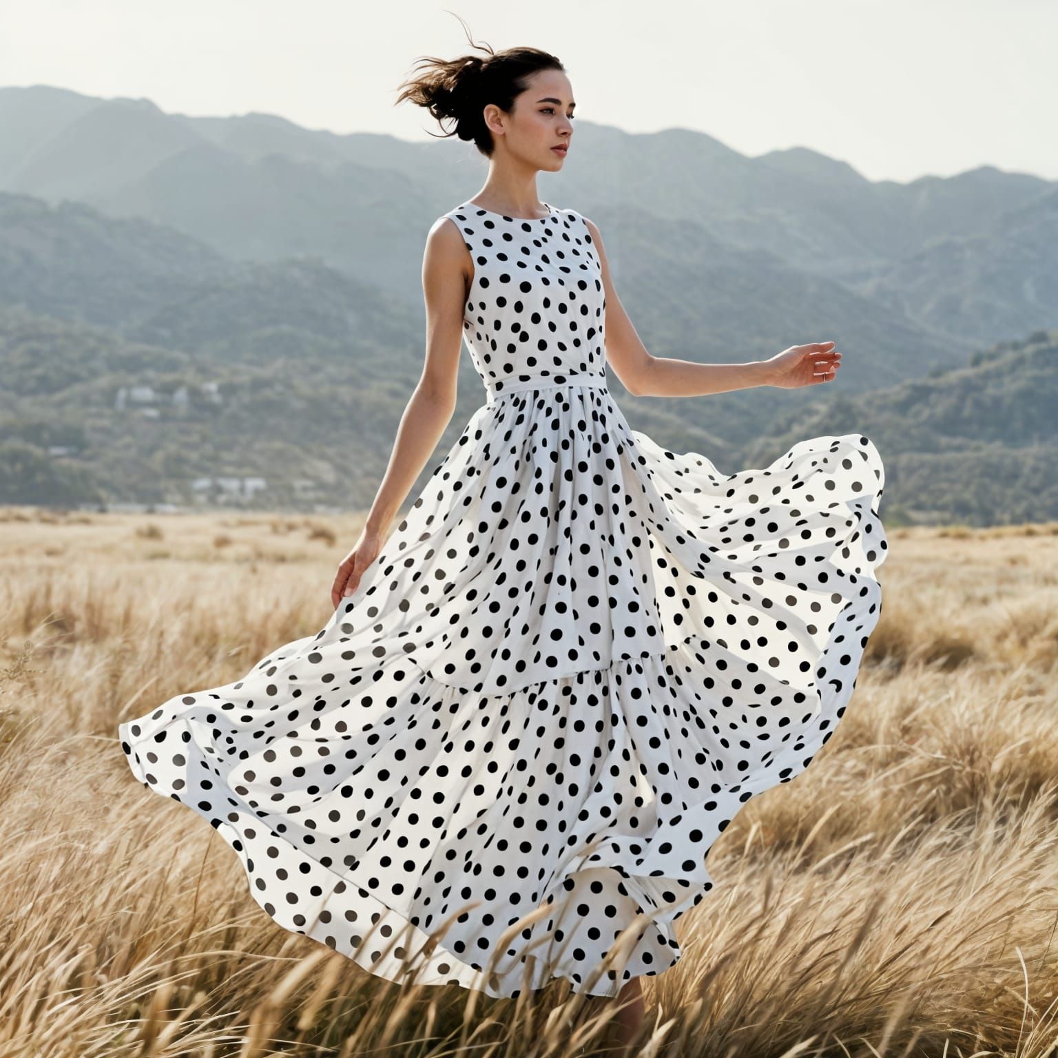 Elegant Polka Dot Dress Flowing in Breeze