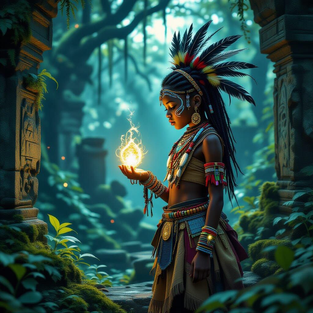 Mystical African Girl at Forest Edge in Dark Fantasy