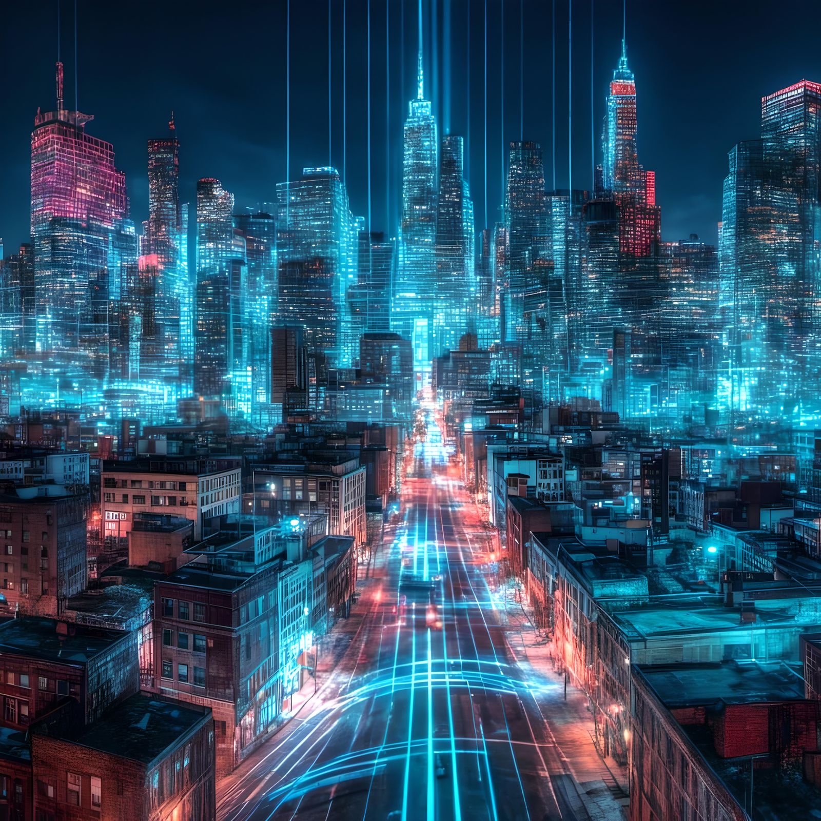 Neon City in Digital World with Grid Lines