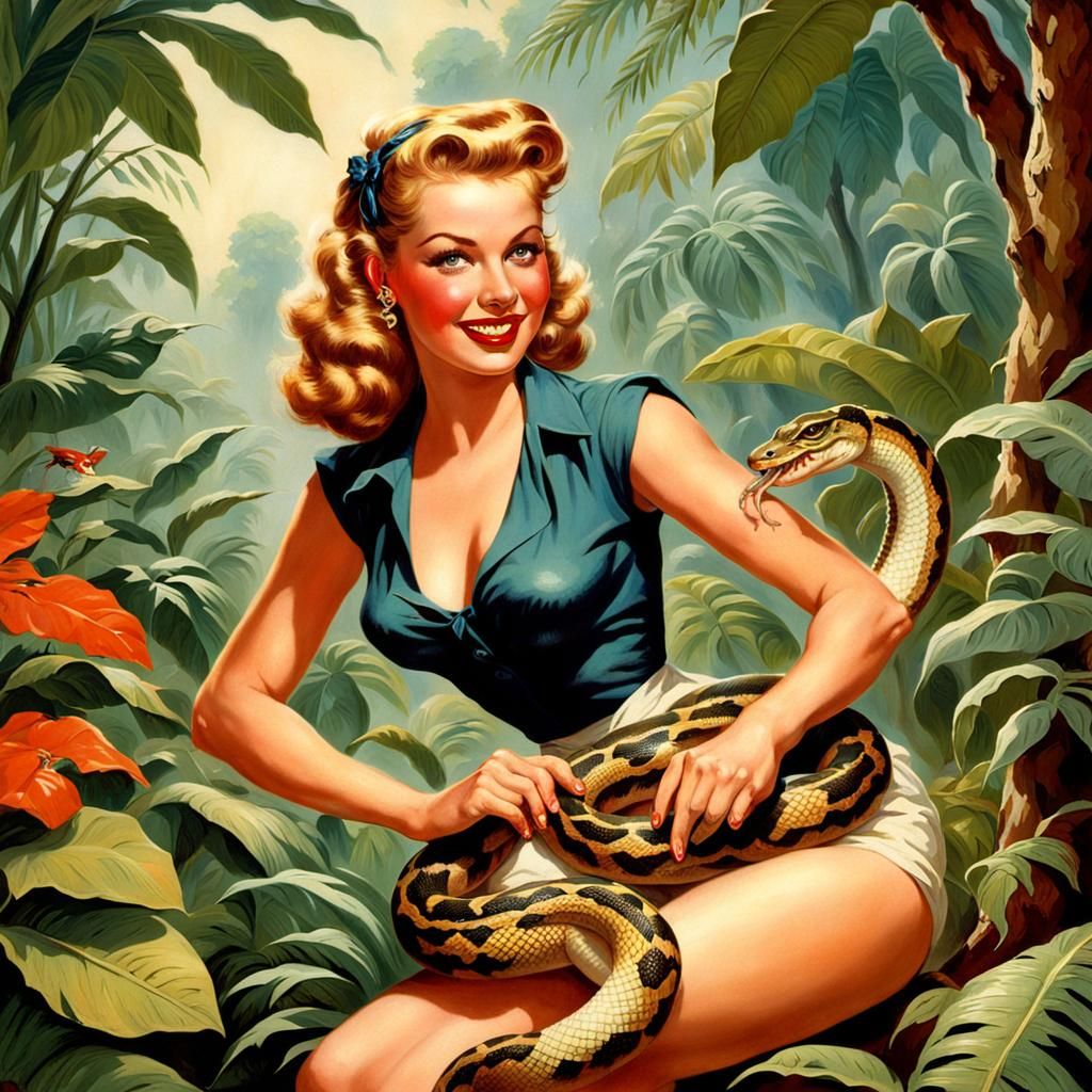 Vintage Pin-Up Girl with Snake, Elvgren Style