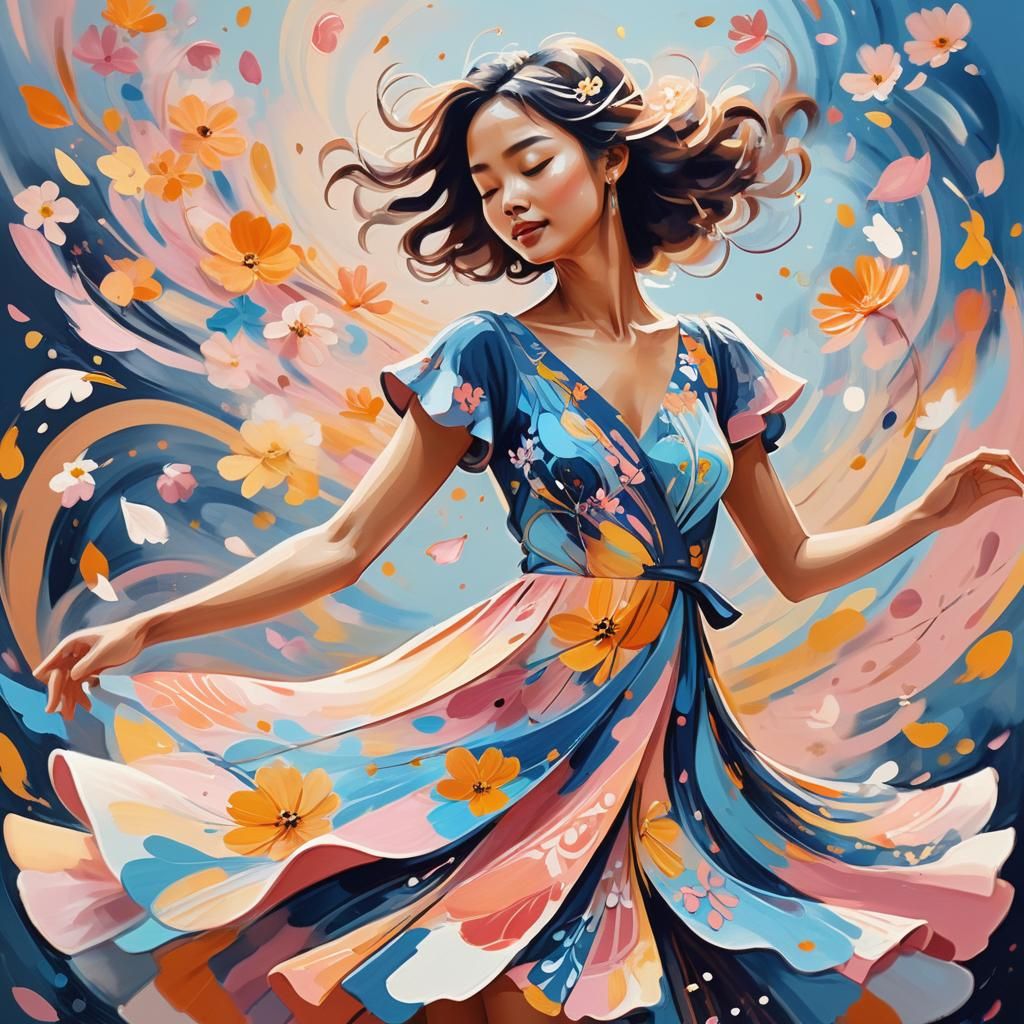 Japandi Doodle Art: Dancing Woman in Flower Dress