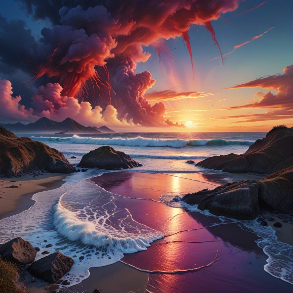 The sky oozes crimson streaks above the Pacific, resembling ...