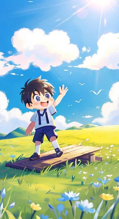 Boy Reaching for Cloud in Sunny Field