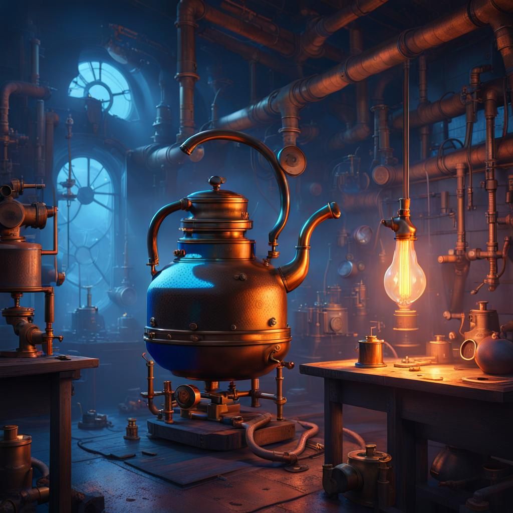 Steampunk Kettle in Foggy Workshop