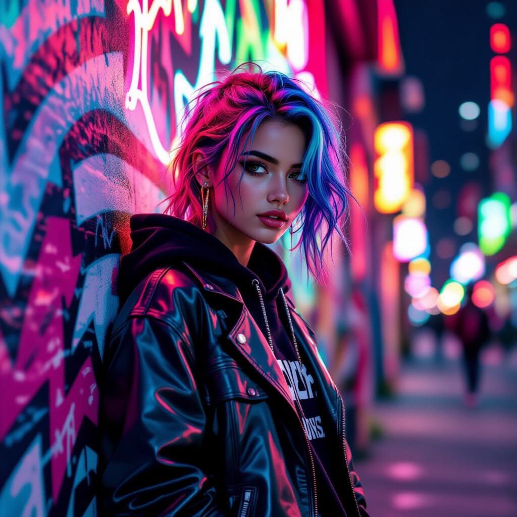 Teenager in Neon Urban Setting, Graphic Novel Style