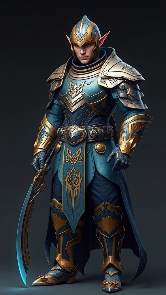 Ethereal Sci-Fi Elf Warrior in Golden Blue Armor