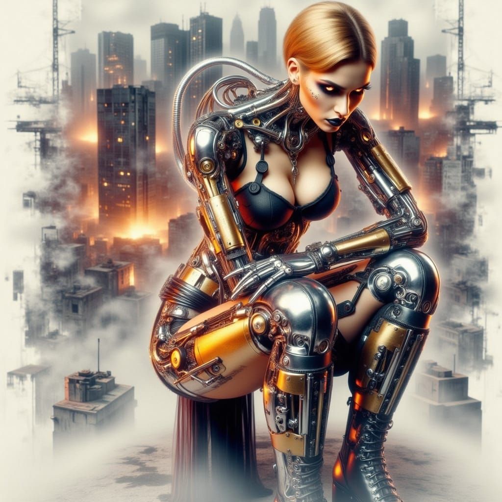 Steampunk Cyborg in Victorian Smog Cityscape