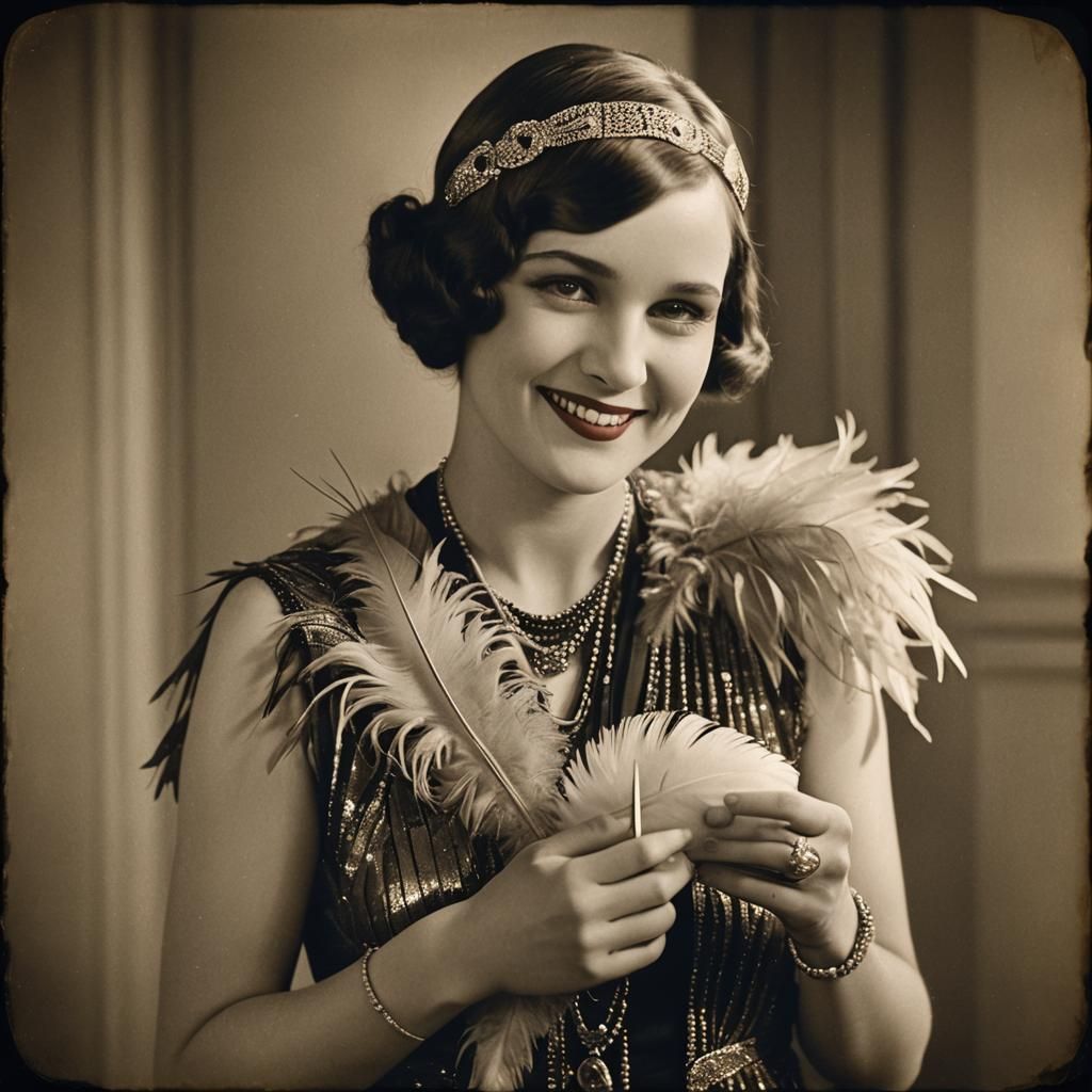 Art Deco Woman with Feather and Shy Smile