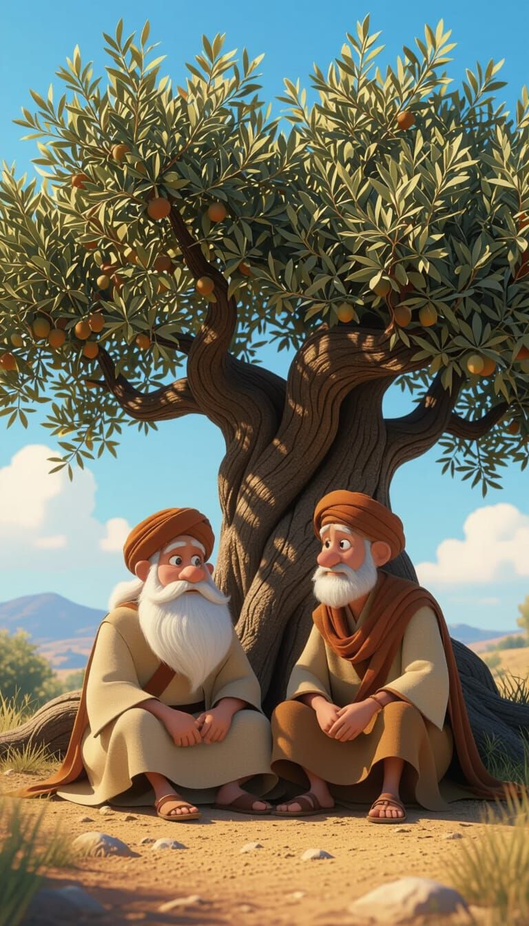 Layla and Grandfather Under Olive Tree in Pixar Style