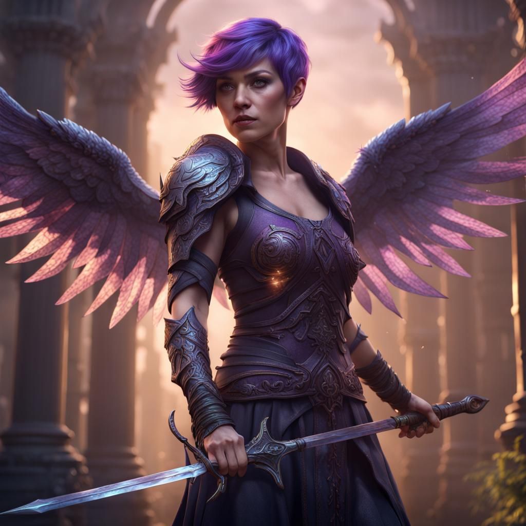 Woman with Purple Hair and Spectral Wings