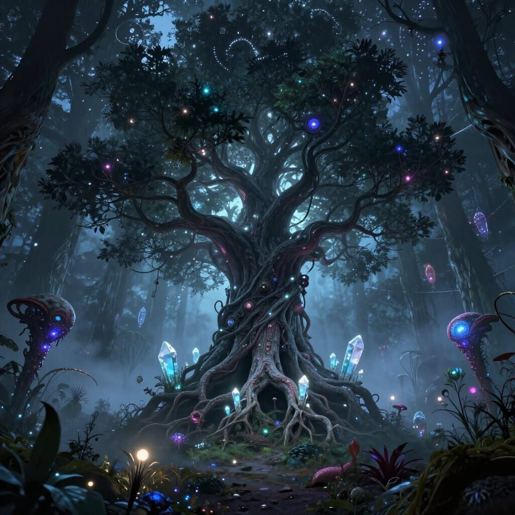Ancient Tree Roots With Glowing Crystals in Bioluminescent F...