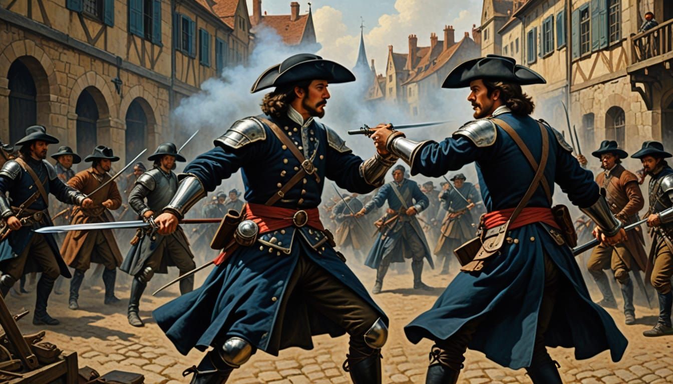 Two Musketeers Clash in 17th Century Oil Painting