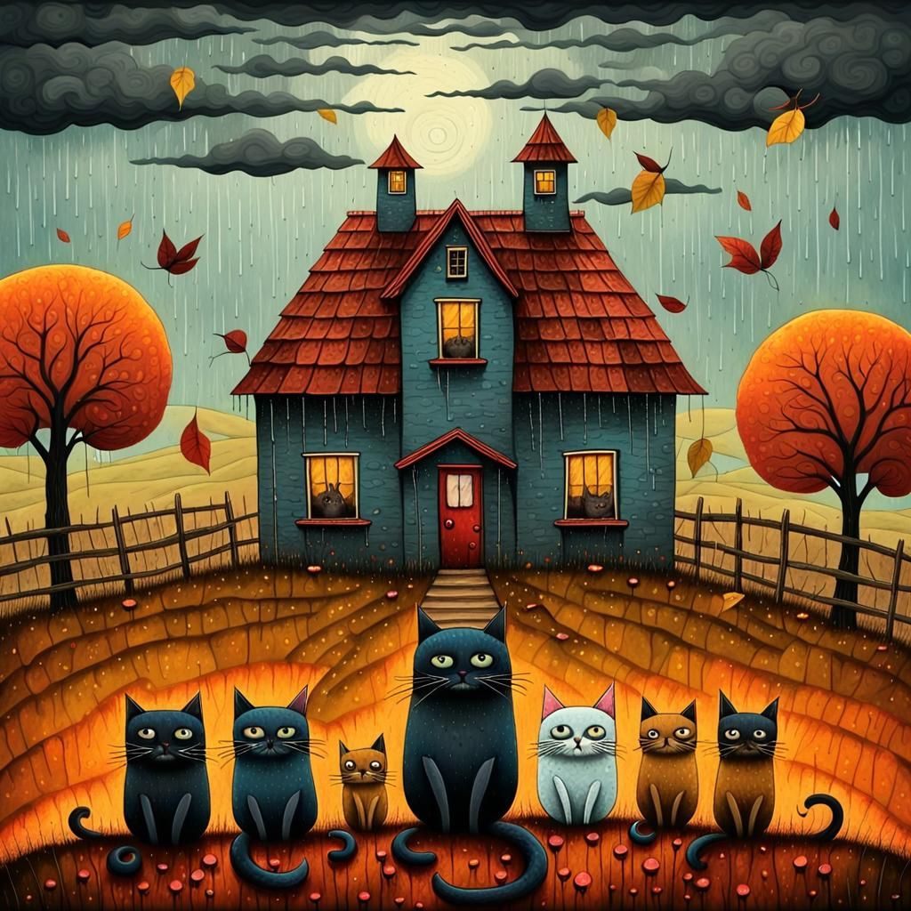 Cats in Rainy Landscape: Surreal Folkloric Illustration