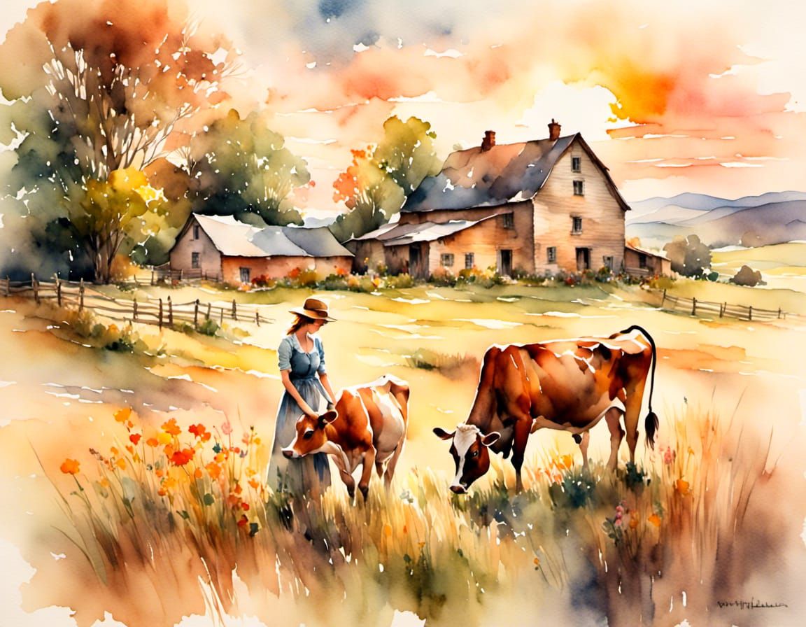 Impressionist Milkmaid in Tranquil American Farm Scene