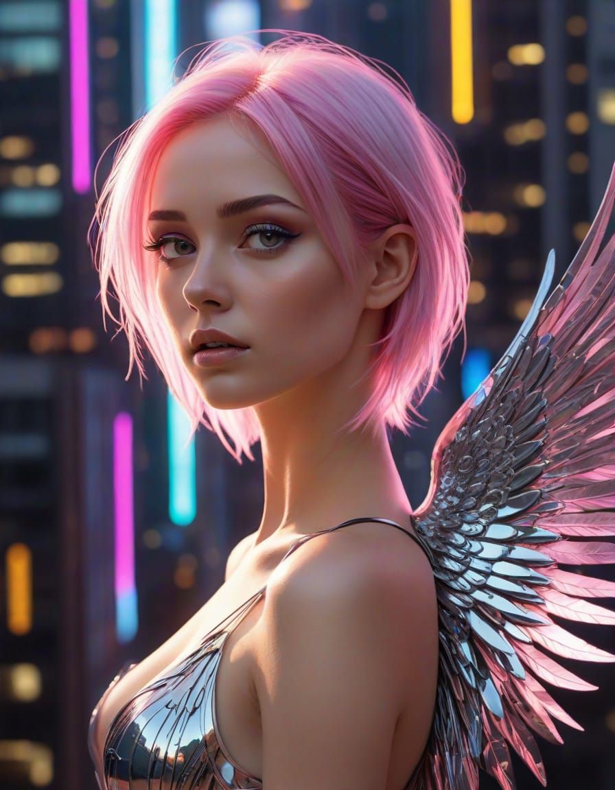 Anime Techno-Angel with Pink Hair Overlooking City