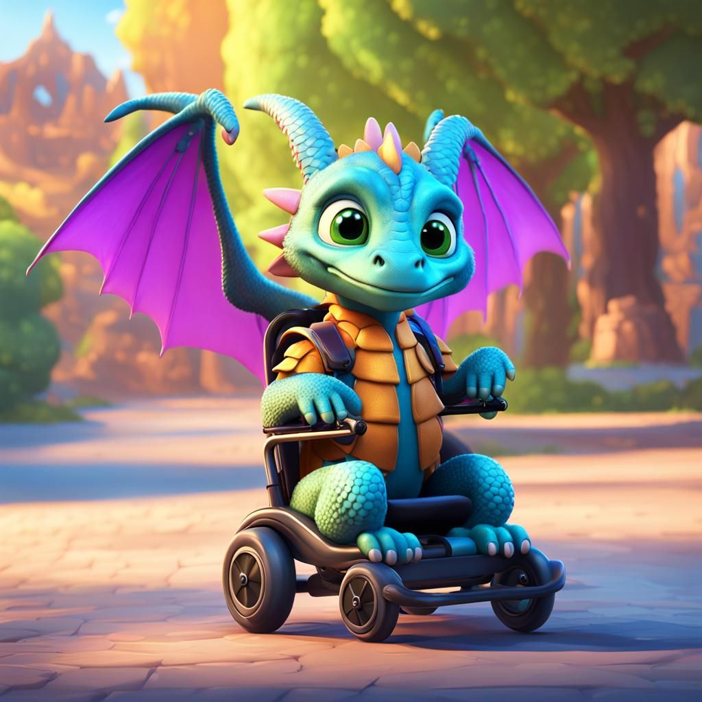 Cute Winged Dragon Rides Motorized Wheelchair: 3D Digital Ar...