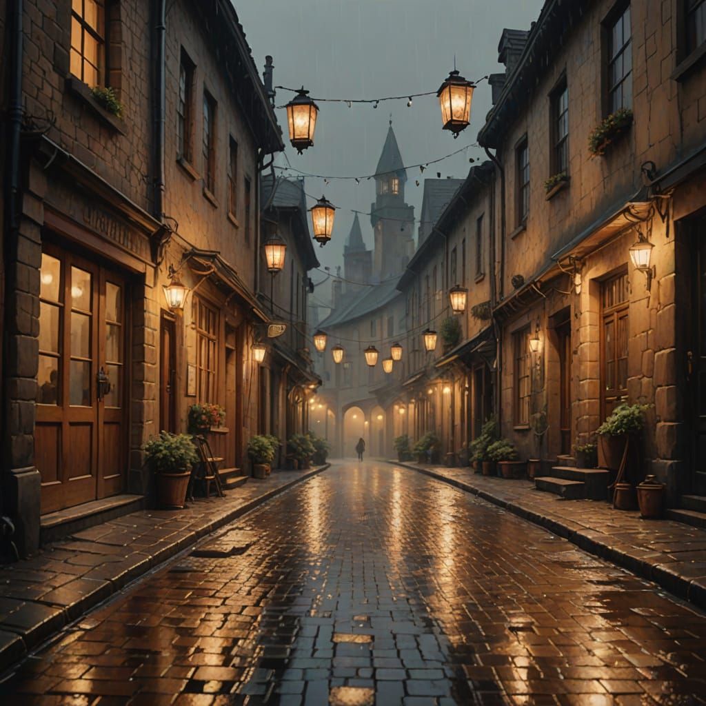 A Victorian Village Street at Night, Shimmering with Warm Li...