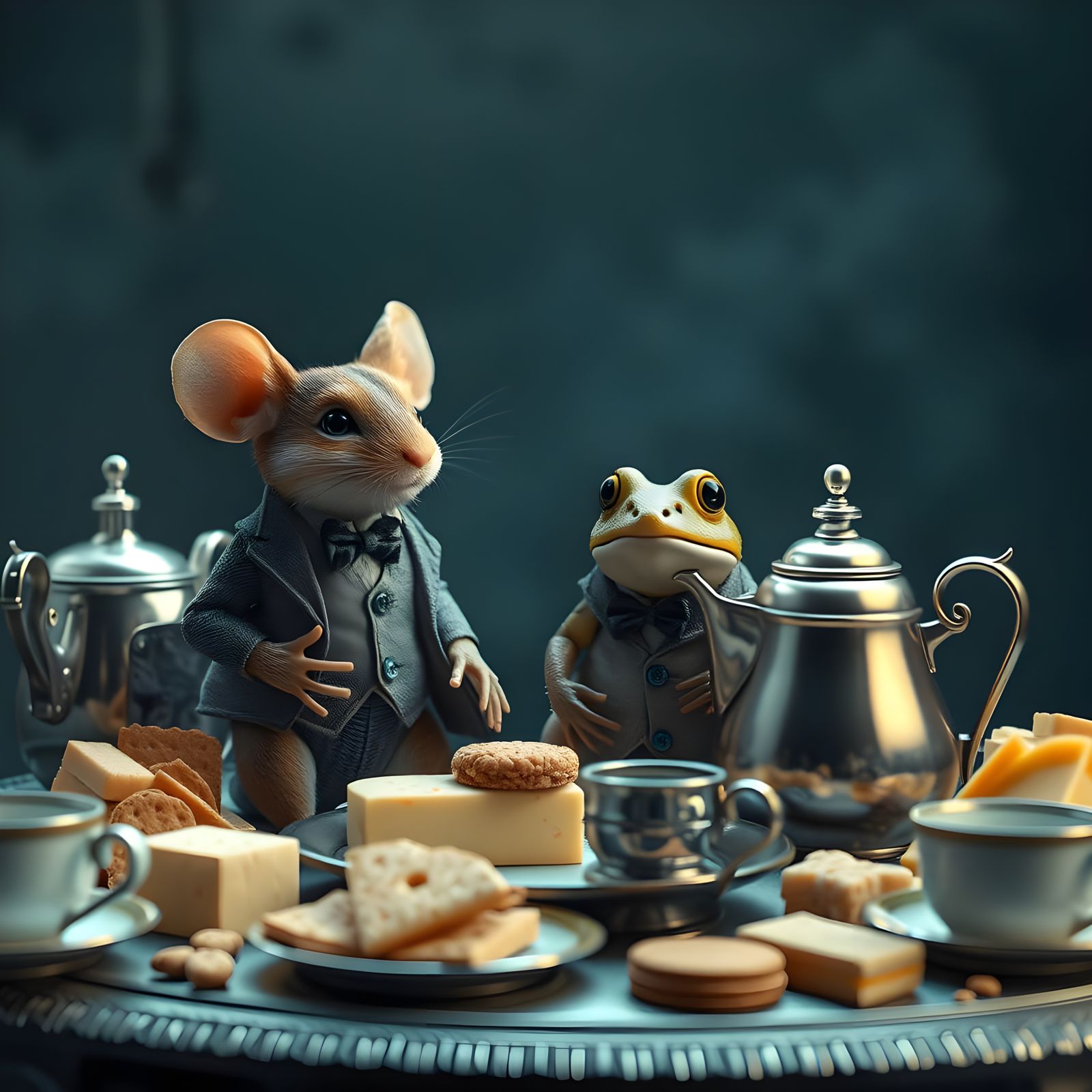 Whimsical Mouse and Frog Indulge in Futuristic Cheese Soiree