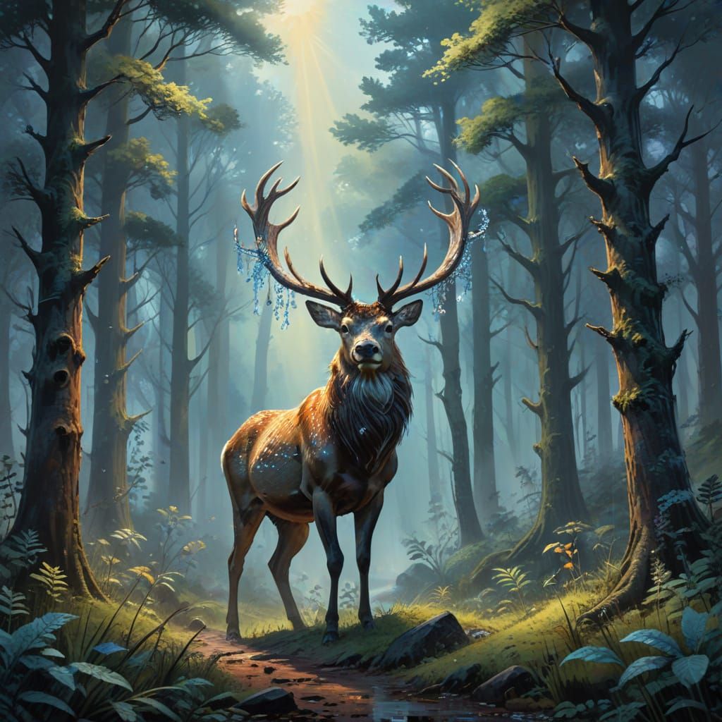 Stag in Misty Forest: Gouache and Watercolor Painting