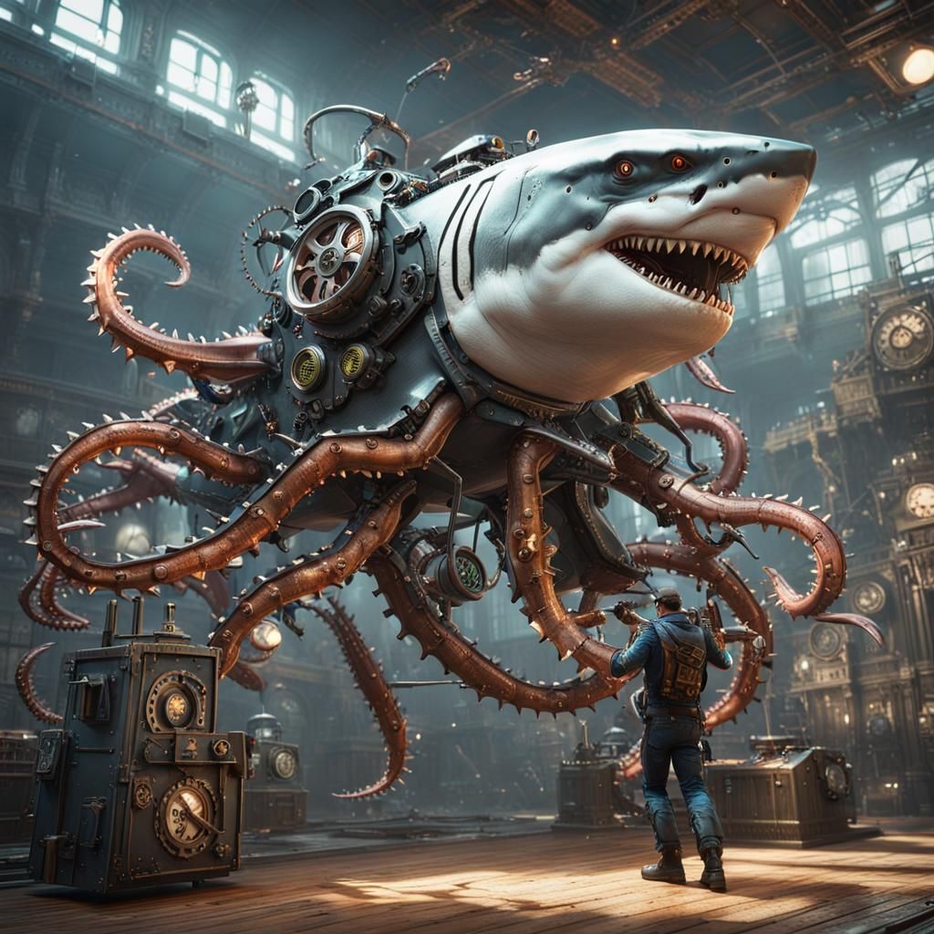 Mech Shark Plays Darts with Steampunk Octopus