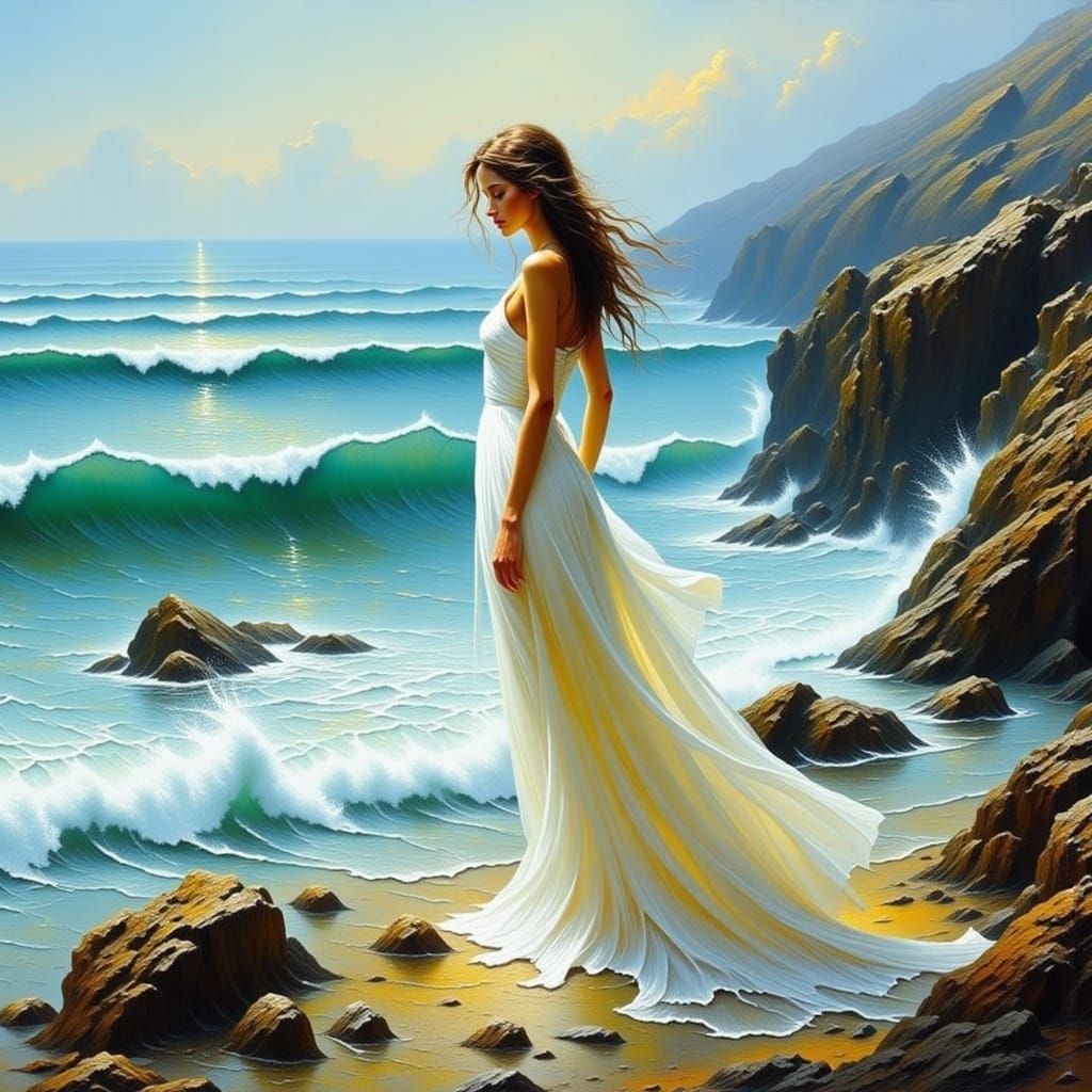 Woman on Coastline in Vibrant Landscape Painting