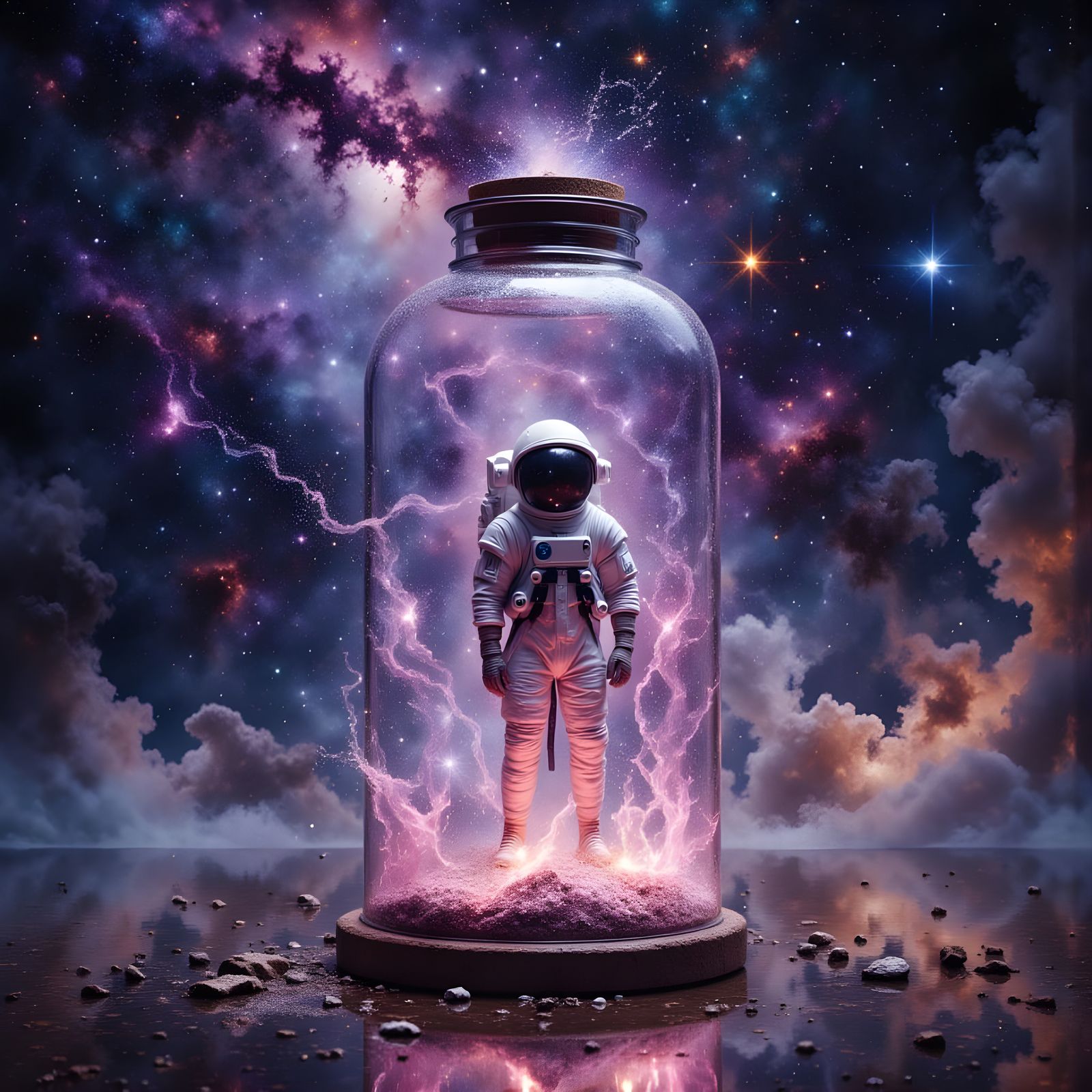 Astronaut in Glass Jar Drifting in Milky Way