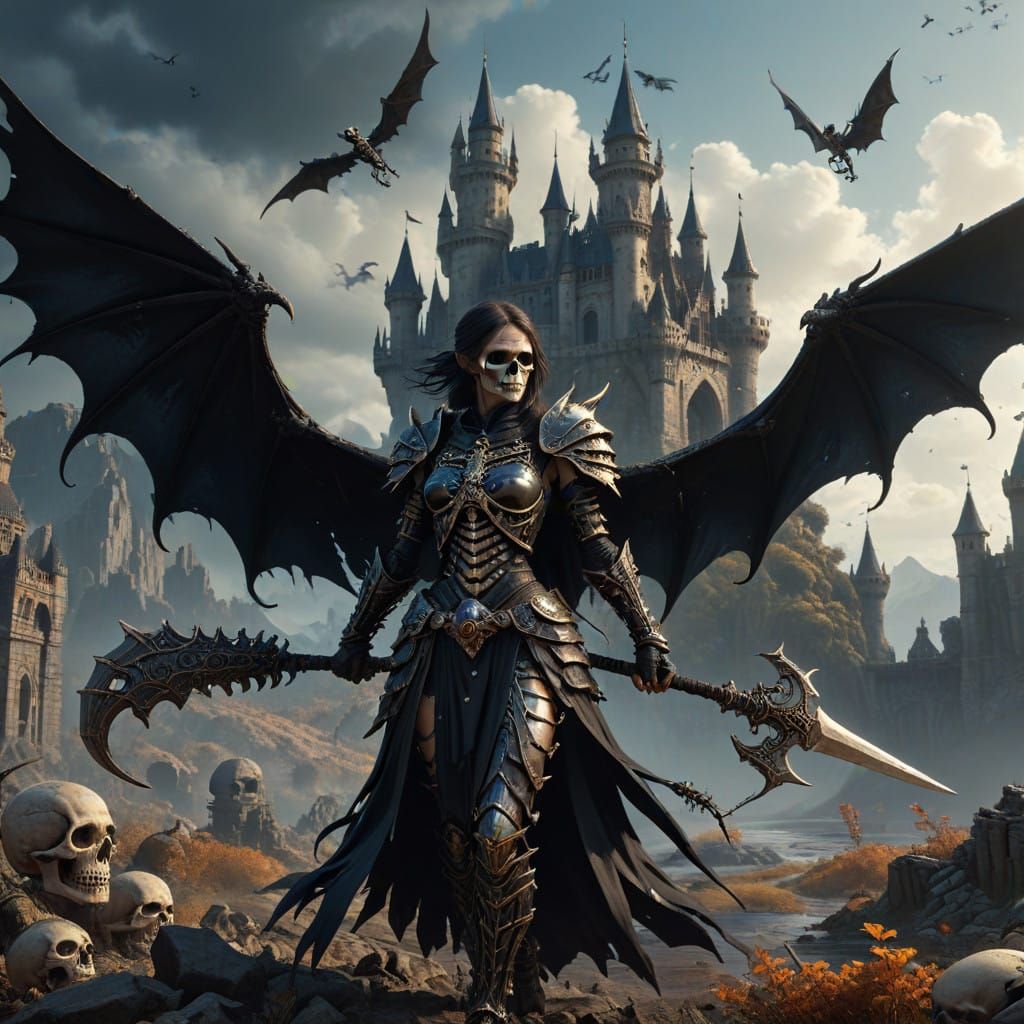 Surreal Fantasy Landscape with Winged Skeleton Dragon and Ar...