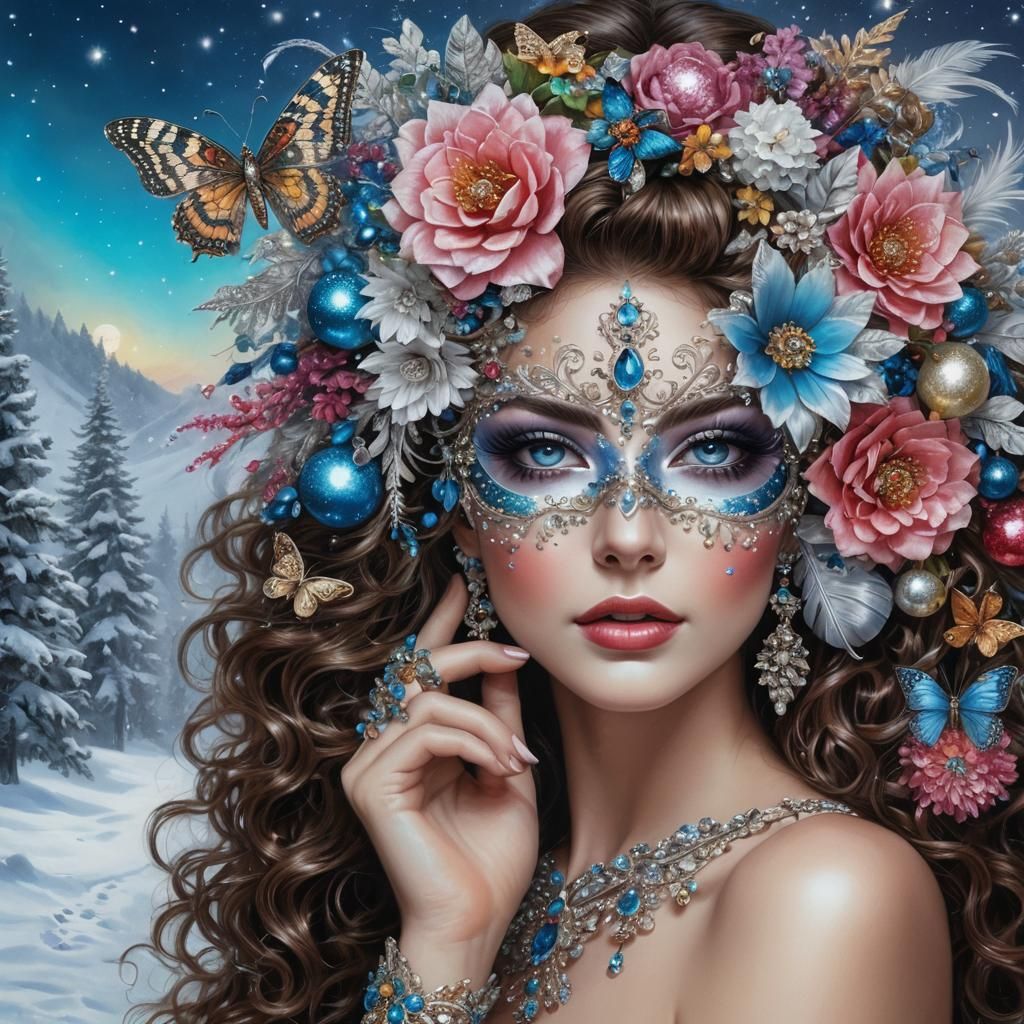 Woman with Flowers, Gems, and Glitter in Winter Forest