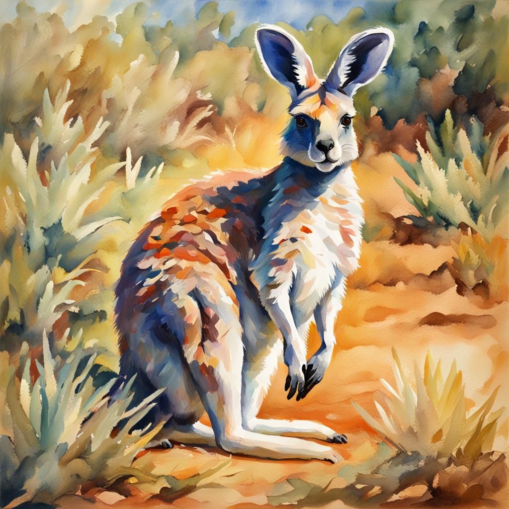 Angora Kangaroo in Gouache Style Watercolor