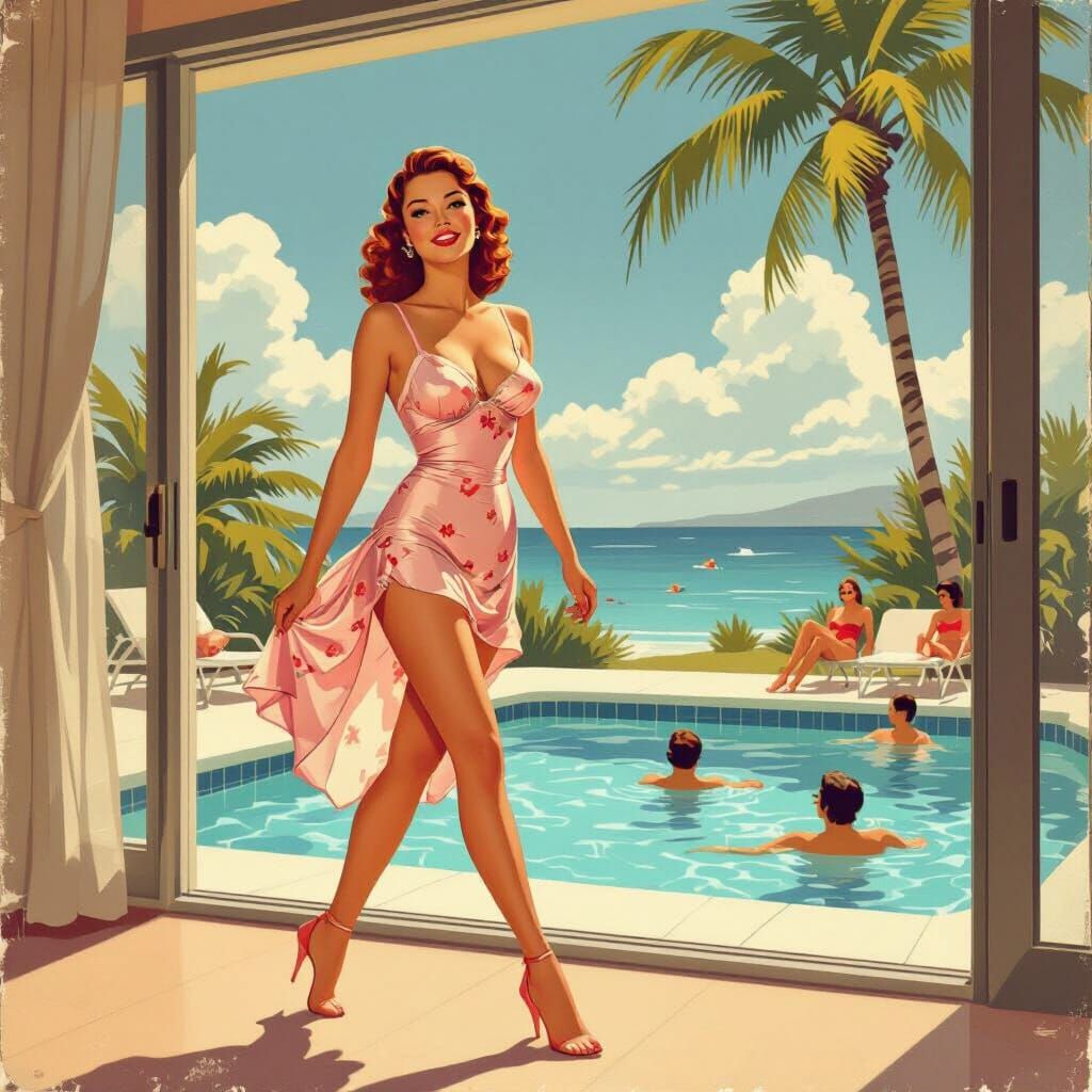 Retro Pin-Up Girl Unaware of Pool Party