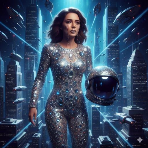 Grieving Astronaut Adorned with Jewels in Cosmic Scene