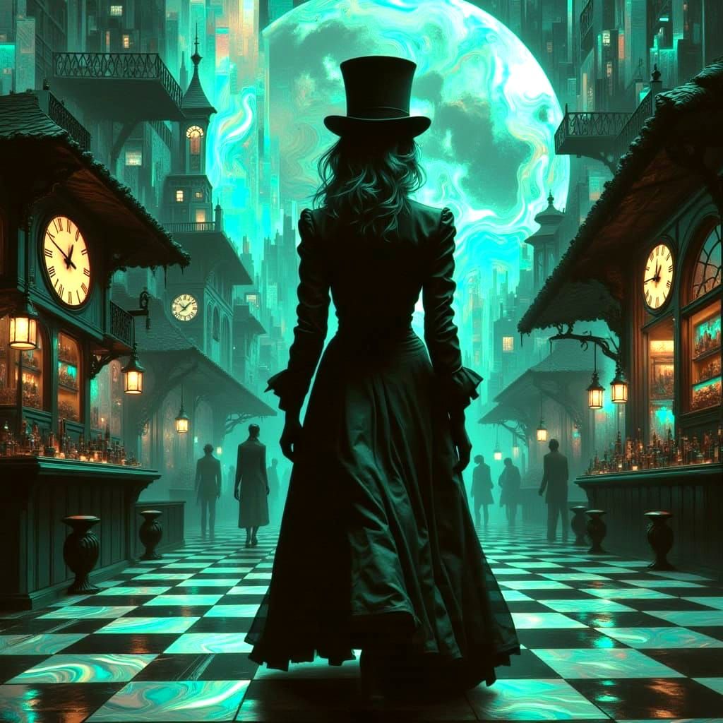Elegant Woman on a Chessboard in a Neon Victorian Market