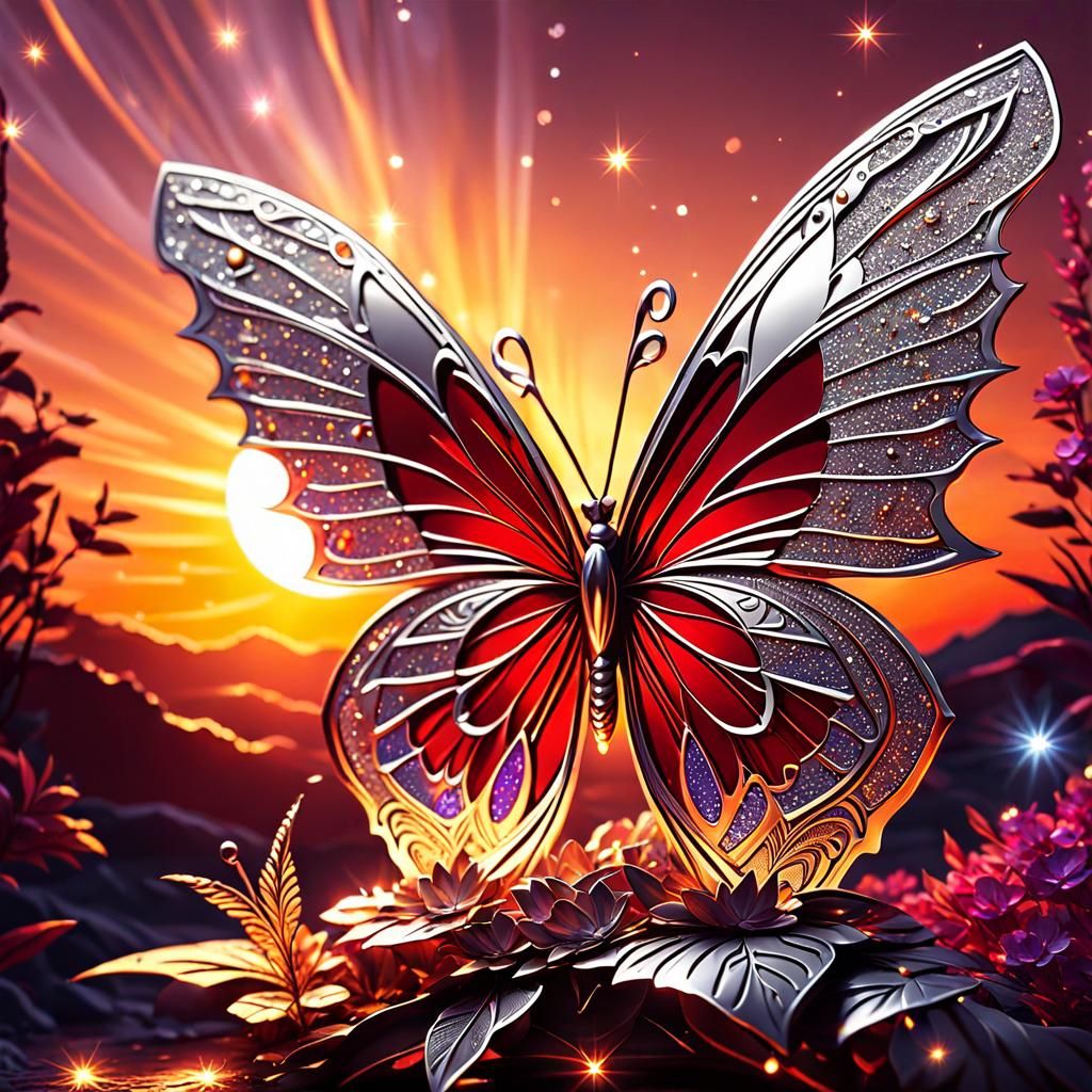 Mystical Silver Crimson Butterfly Coloring Page