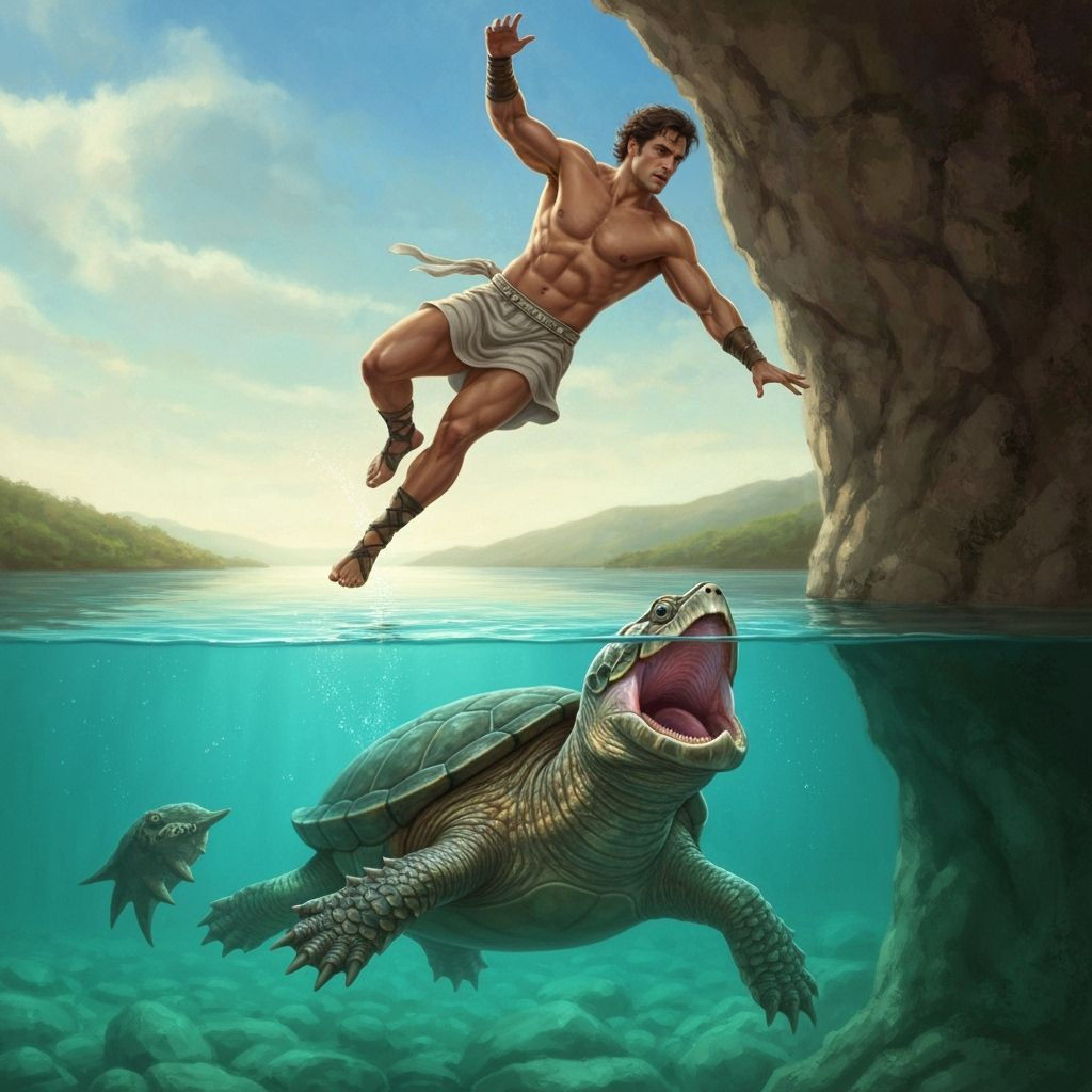 Theseus Falls Off Cliff Into Lake With Giant Turtle