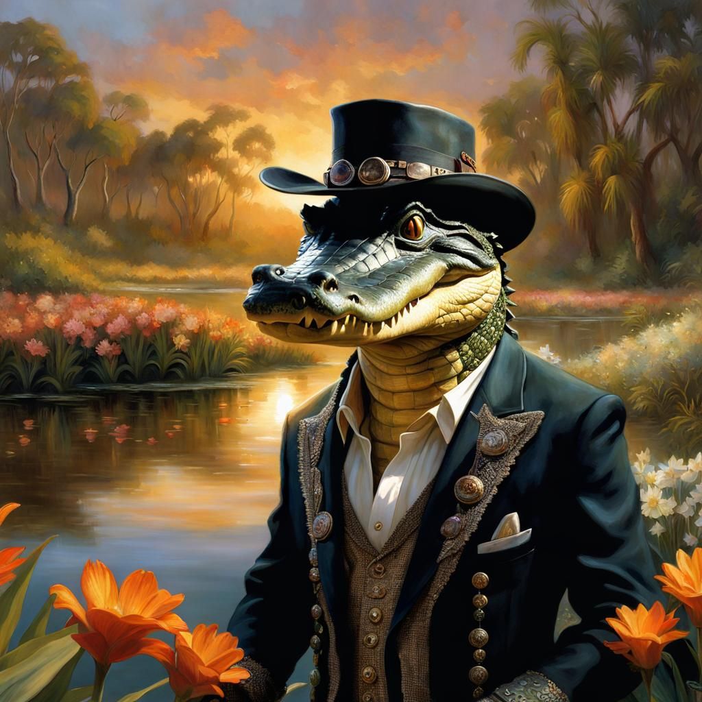 Anthropomorphic Crocodile Dundee in Australia at Sunset