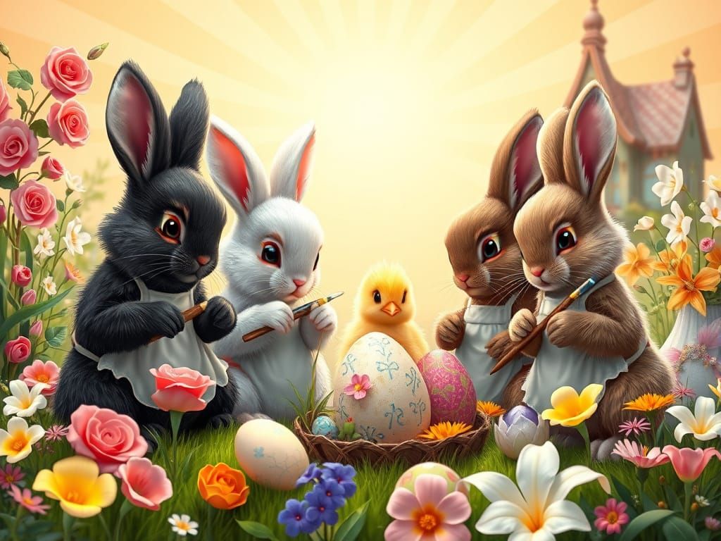 Easter Bunnies Painting Eggs in a Magical Meadow