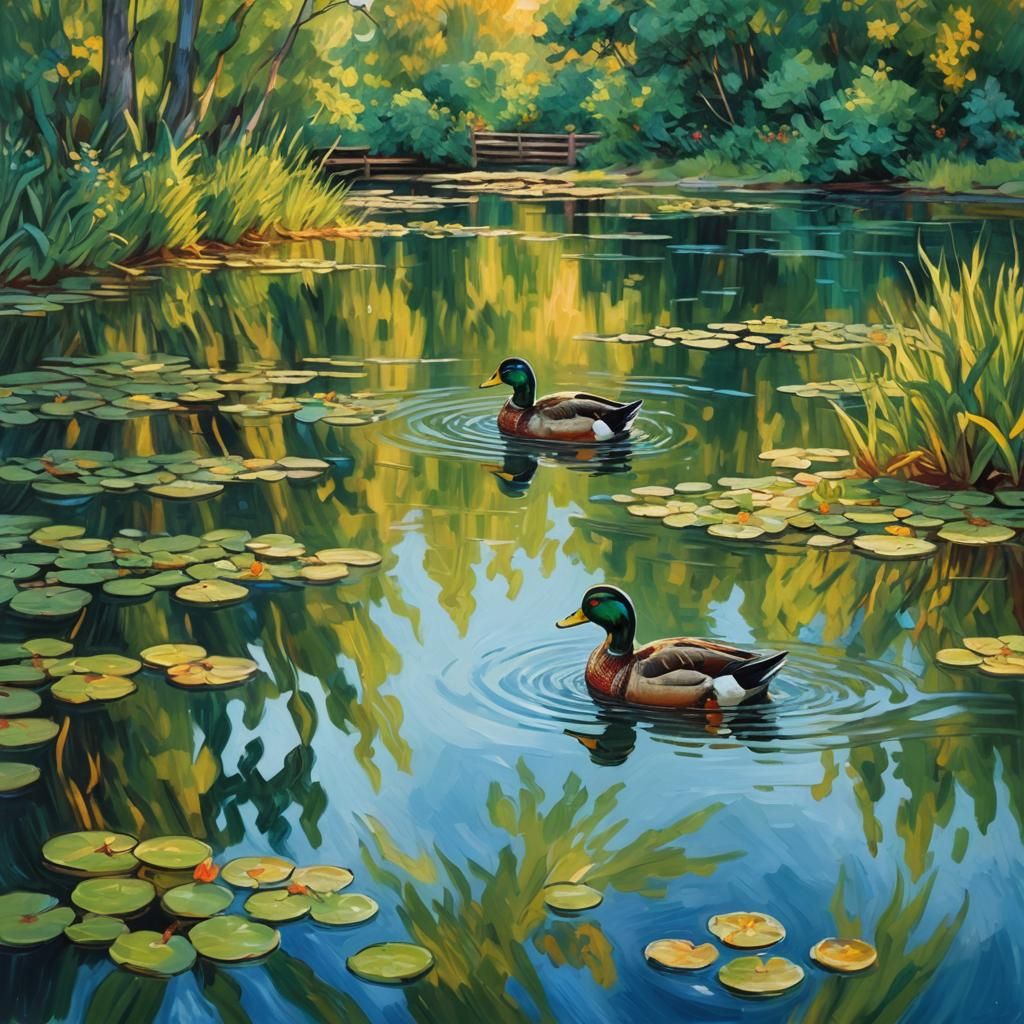 Ducks in Lake: Oil Painting in Van Gogh Style