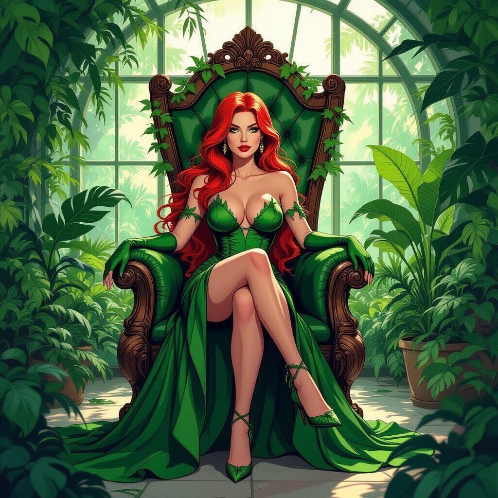 Poison Ivy on a Throne in Greenhouse, Comic Book Art