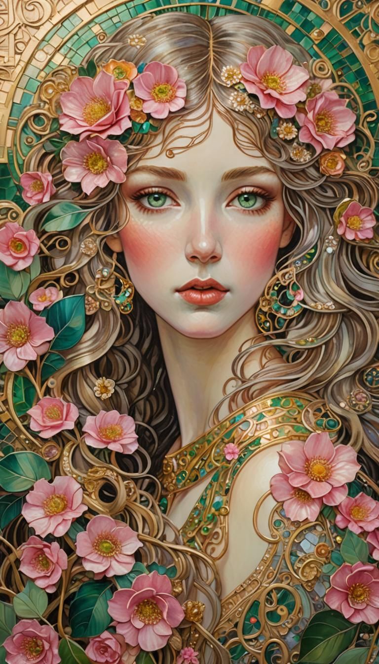 Klimt-Inspired Supermodel Portrait in Art Nouveau Style