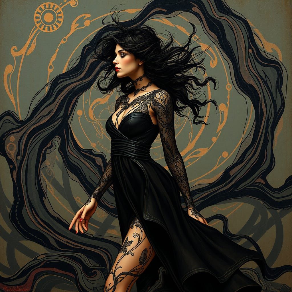 Elegant Figure Radiating Passion in Art Nouveau Style