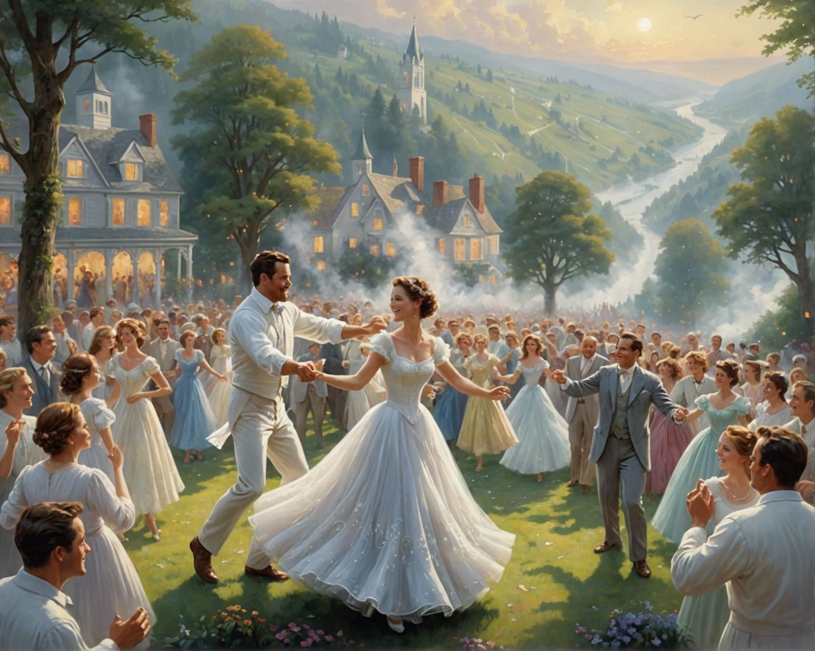 Joyful Dance in White: Ethereal Fantasy Landscape
