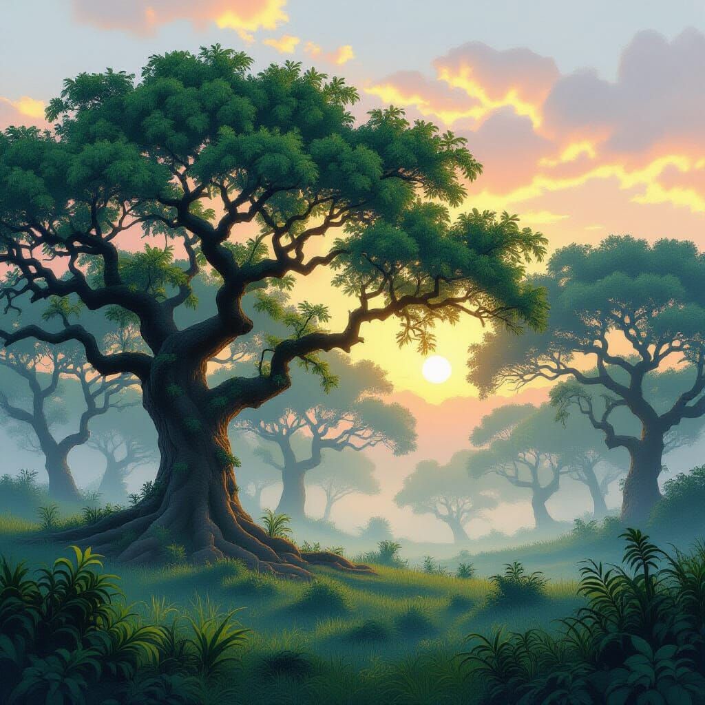 Mystical African Grove at Dawn in Ethereal Style