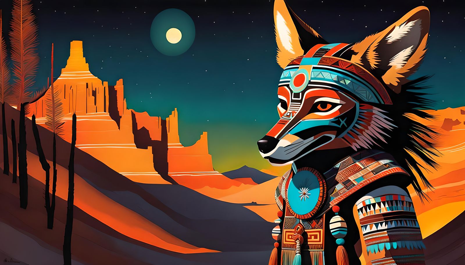 Neon Navajo Coyote Kachina Doll Fantasy Illustration