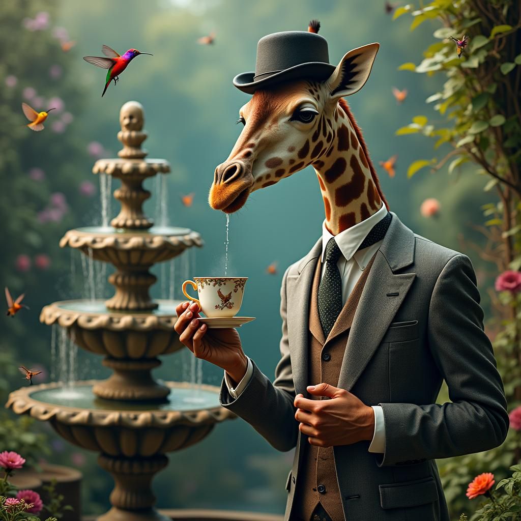 Giraffe Sipping Tea in Victorian Garden