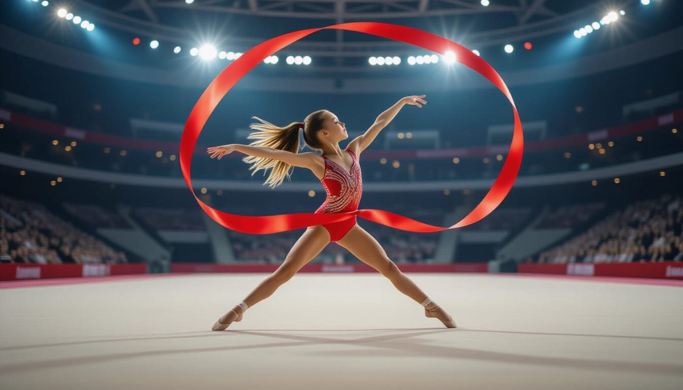 Gymnast Twirls Red Ribbon in Dynamic Aerial Routine