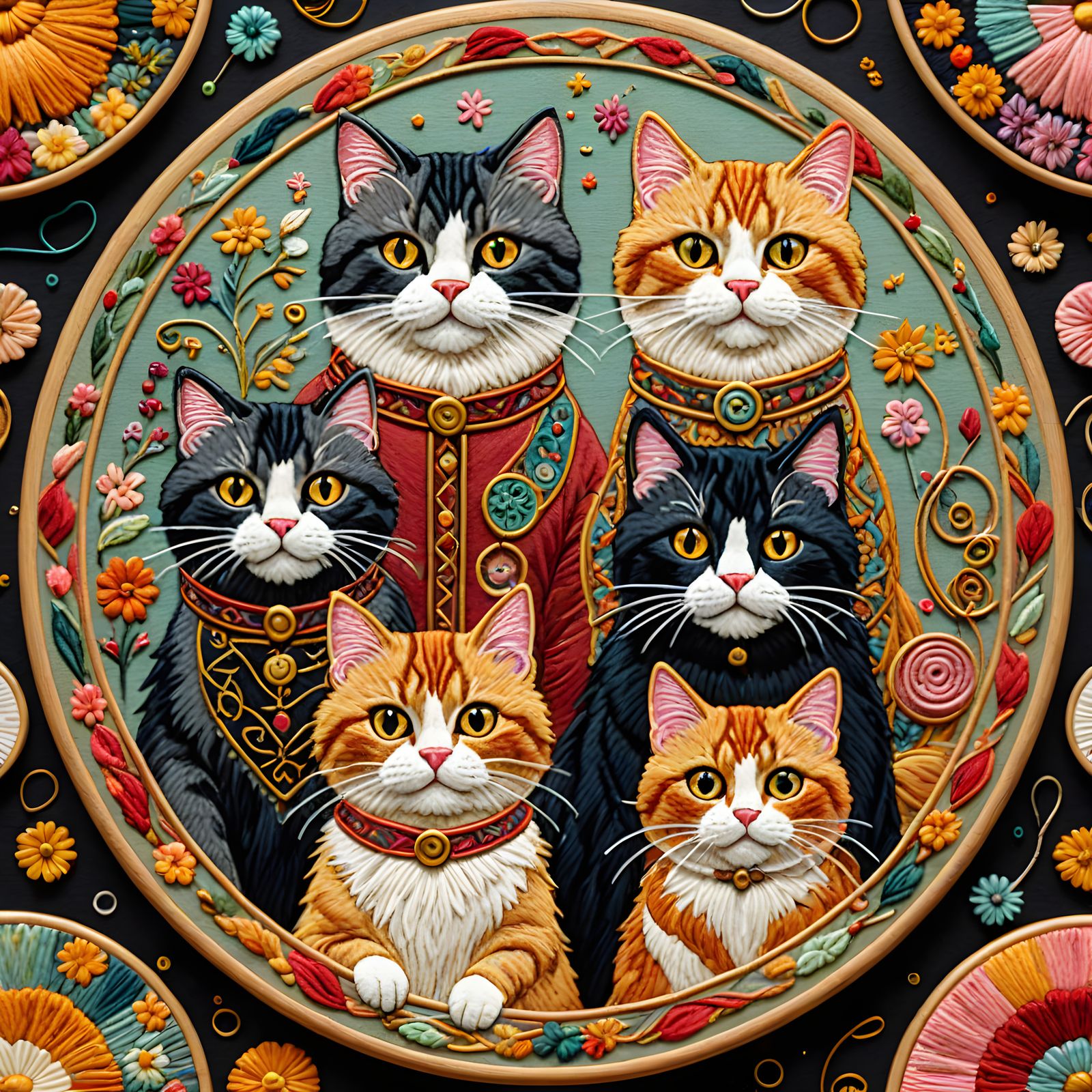 Whimsical Cats in Festive Embroidery Art