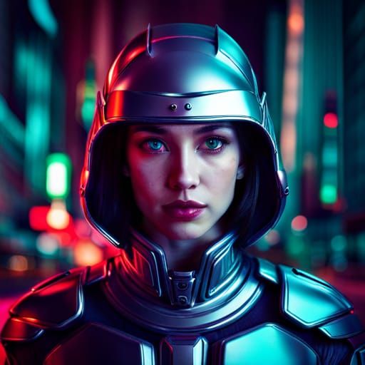 Futuristic Cyborg Girl Portrait in Neon City